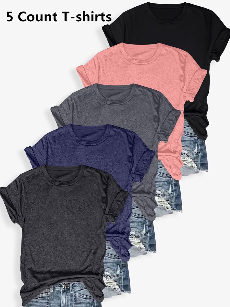 Women's Solid Color Round Neck Tee, Casual Short Sleeve Crew Neck T-shirt for Summer, Ladies Clothes for Daily Wear