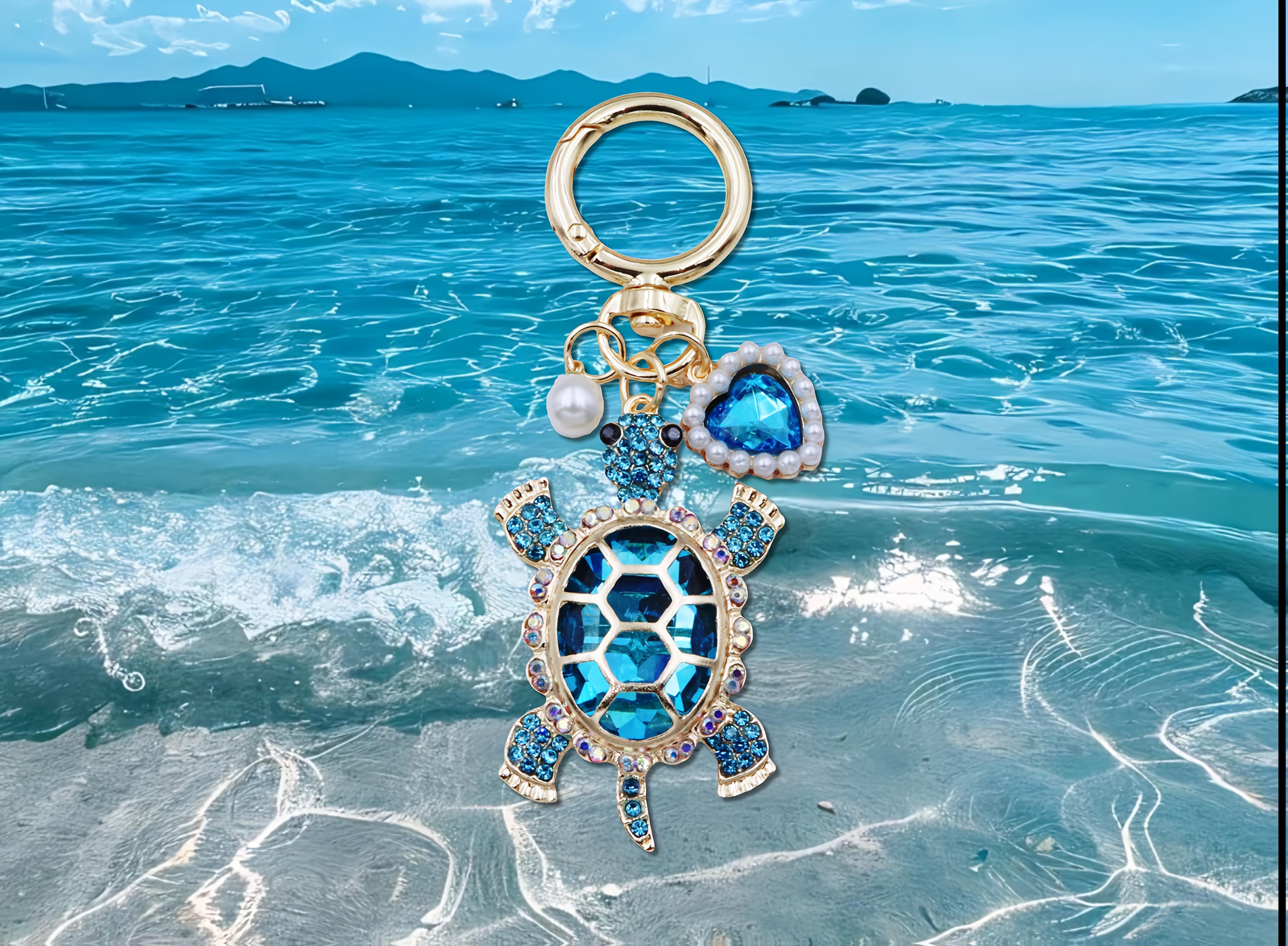 Ocean Style Turtle Keychain with Pearl Heart Charm, Aesthetic Marine Animal Bag Charm, Cute Unisex Key Ring for Bags & Keys, Trendy Friendship Gift for Daily Use