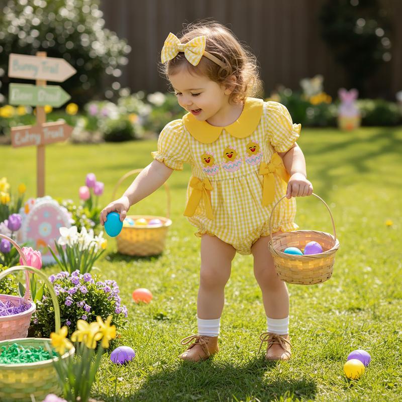 Baby Girl Easter Outfits Short Sleeve Chick Embroidery Romper with Headband Set Newborn Clothes