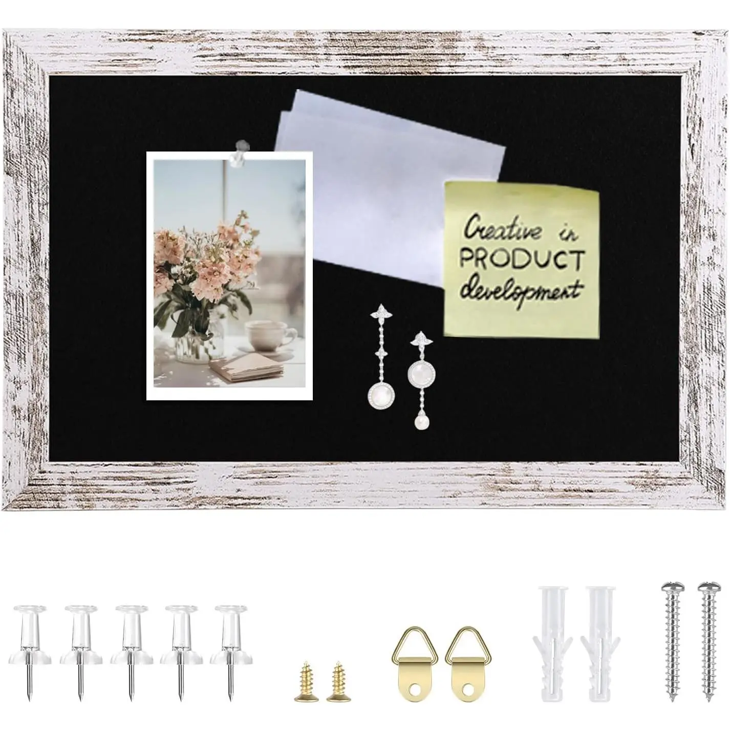 Black Felt Bulletin Board, Small Decorative  Bulletin Boards for Walls with White Wooden Frame, 11.8"x8.6" Pin Board Vision Board for Office  Kitchen School with Pins(2230,BK,1p)