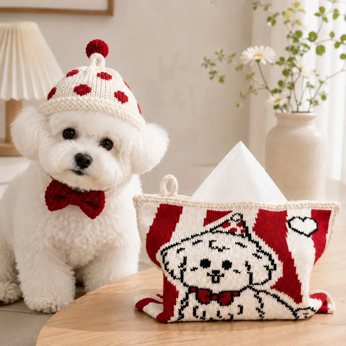 Cute Bichon Knitted Tissue Box Cover, Handmade Dog Pattern Fabric Tissue Holder, Cozy Paper Towel Organizer for Car Home Office Bedroom Living Room Decor, Soft Crochet Style Tissue Case, Creative Desktop Storage Box, Adorable Pet Lover Gift