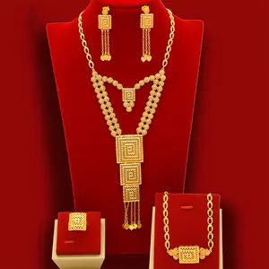 Women's 4Pcs Multi-Layer Square Filigree Gold Jewelry Set - Double Strand Coin Chain Long Pendant Necklace, Heart Tassel Drop Earrings, Bracelet, Ring - African Bridal Wedding Statement Luxury Accessories