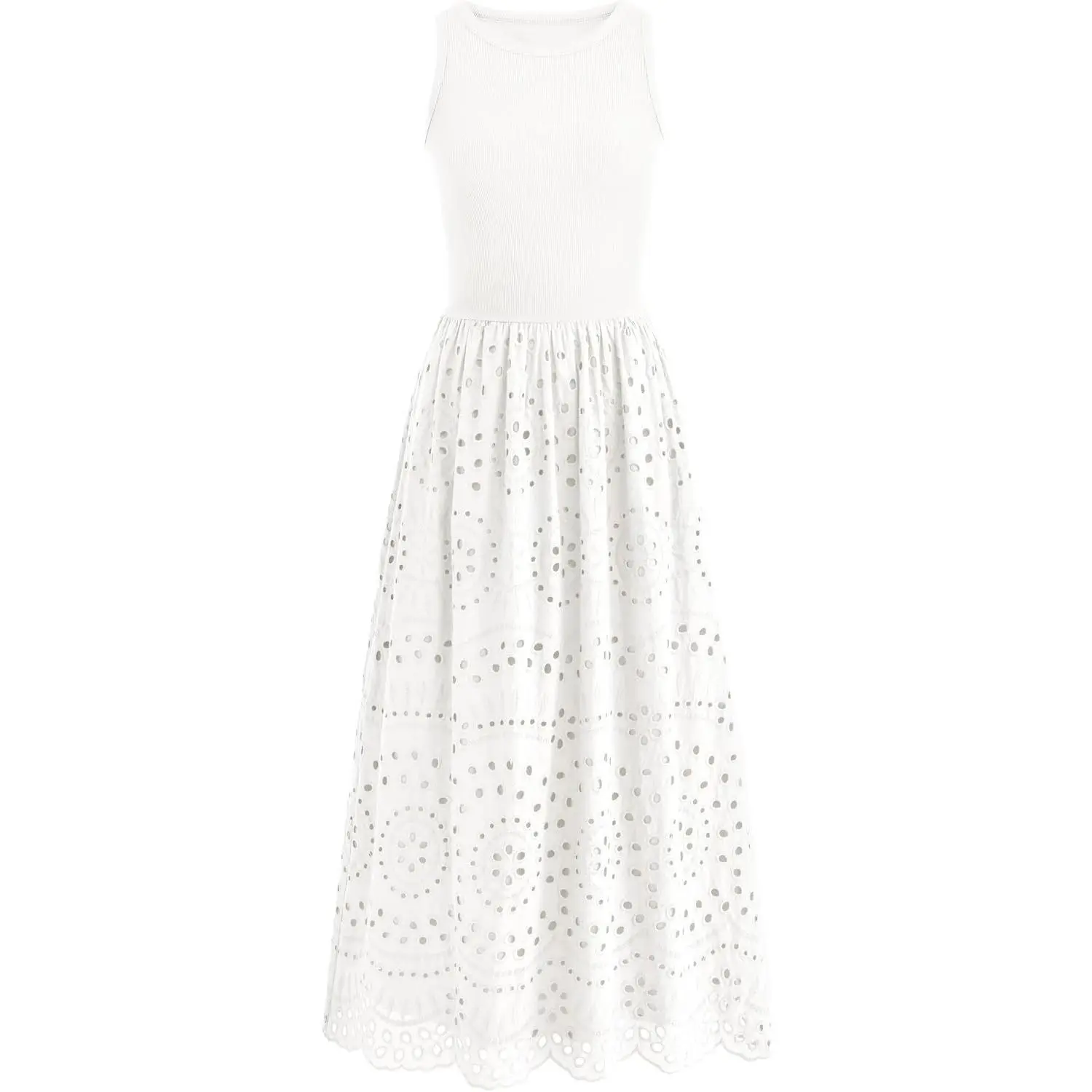 Women's 2026 Summer Sleeveless Crewneck A-Line Boho Lace Eyelet Cotton Tank Maxi Dress with Pockets, Embroidery Details, for Prom, Street Wear, Sun Outings, Cocktail Events