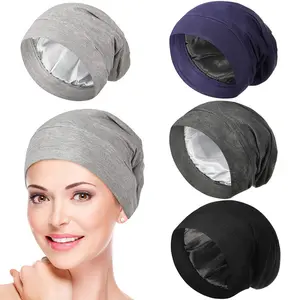 Unisex Satin Lined Slouchy Beanie Hat Soft Cotton Outer Anti Frizz Sleep Cap For Men Women Curly Hair Daily Hair Cover