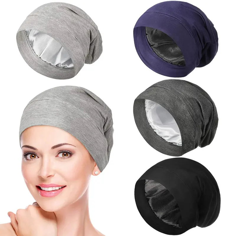 Unisex Satin Lined Slouchy Beanie Hat Soft Cotton Outer Anti Frizz Sleep Cap For Men Women Curly Hair Daily Hair Cover