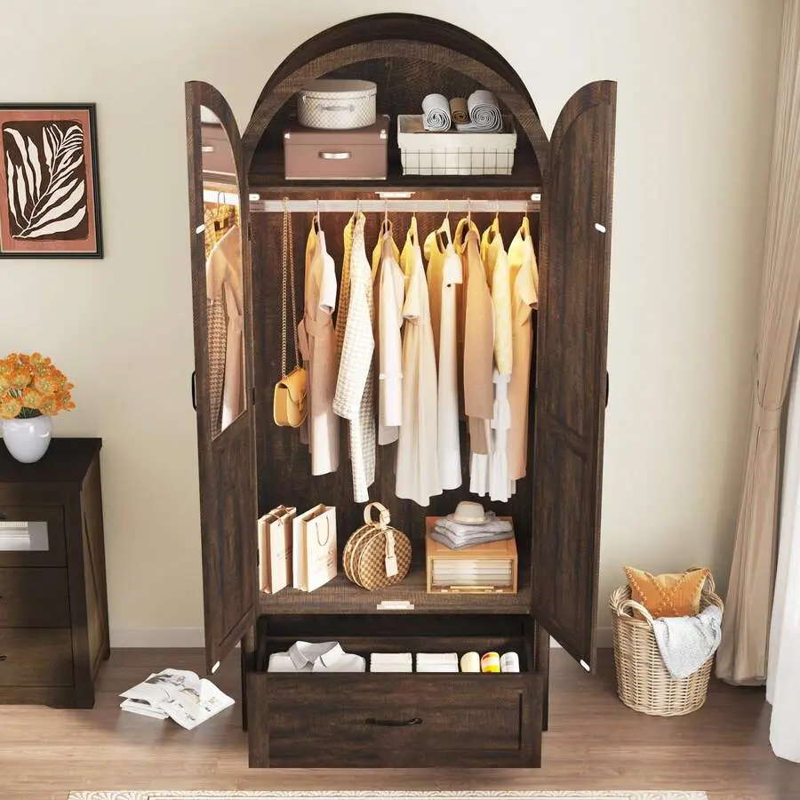 Armoire Wardrobe With Mirror & Lights, 71" Farmhouse Arched Design, Features Hanging & Drawers Bedroom Storage