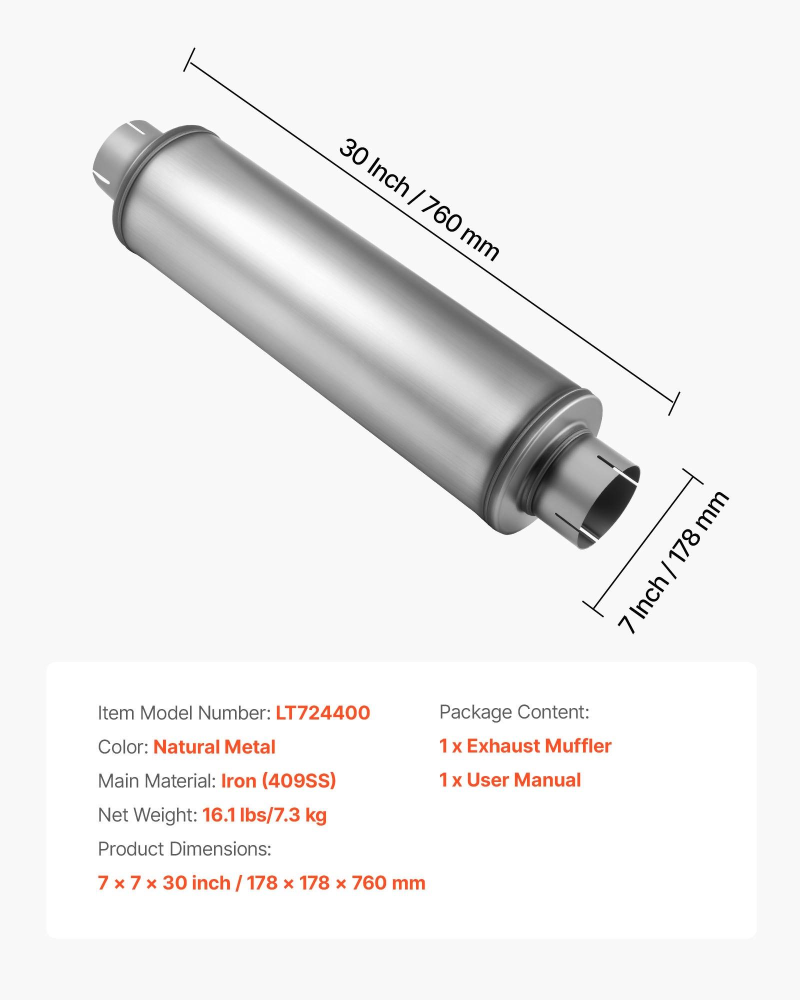 VEVOR Exhaust Muffler, 4 Inch Inlet & Outlet, 30 Inch Overall Length Stainless Steel Exhaust Tip, Universal Resonator Round Body, High Performance for Trucks, Sedans, Sports Cars, SUVs & Daily Drivers