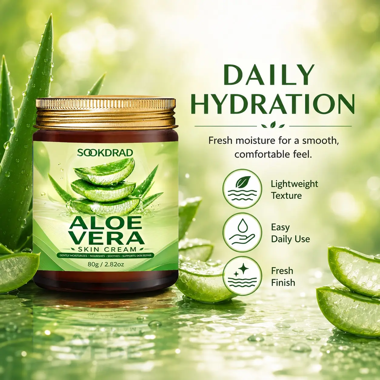 Aloe Vera Skin Cream, Gentle Moisturize, Nourish Skin, Soothe Skin, Support Skin Repair, All Skin Types, Daily Skincare, 80g