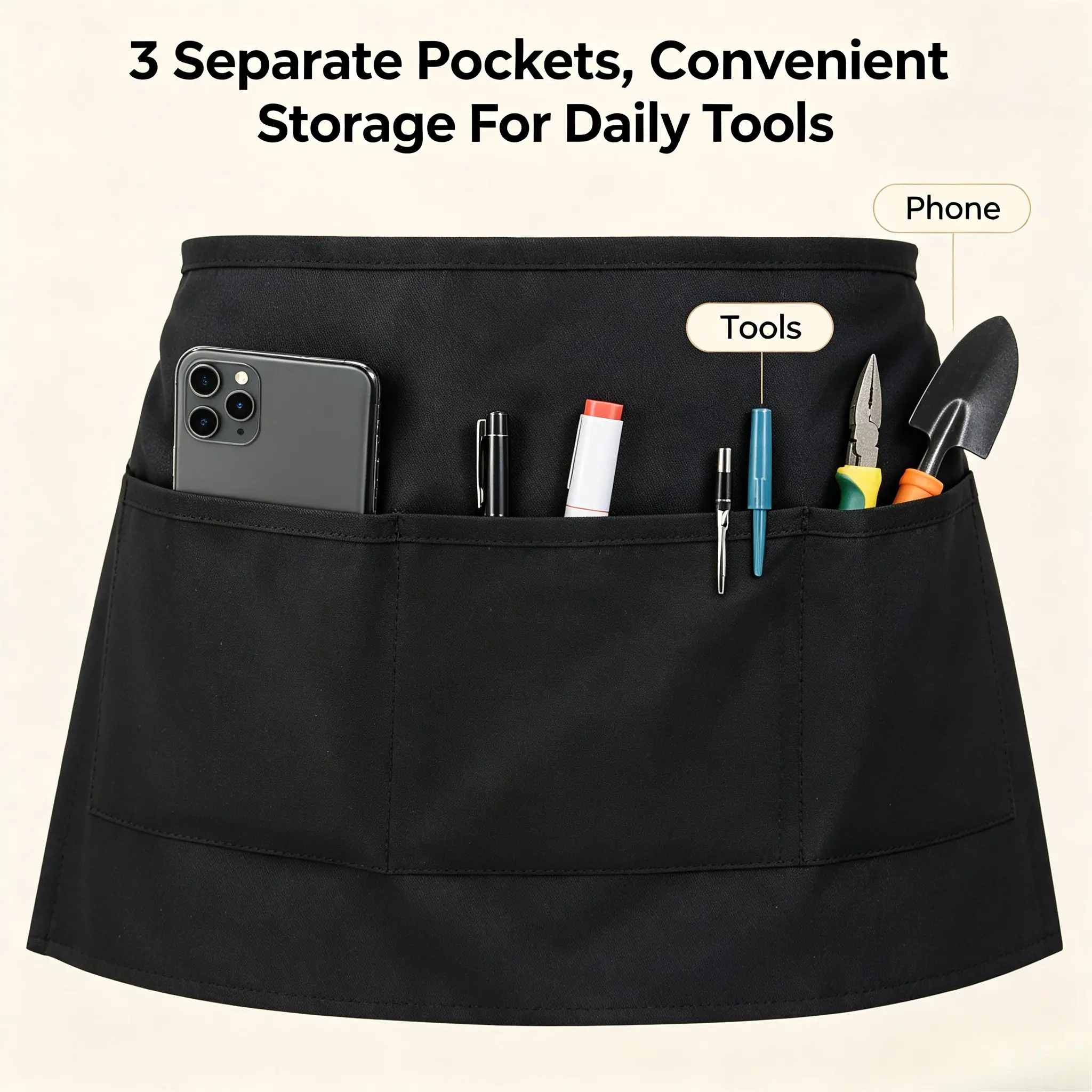 Server Apron with 3 Pockets, Oil-Resistant Waterproof Short Half Apron, Unisex High-Quality Server Skirt, China Made