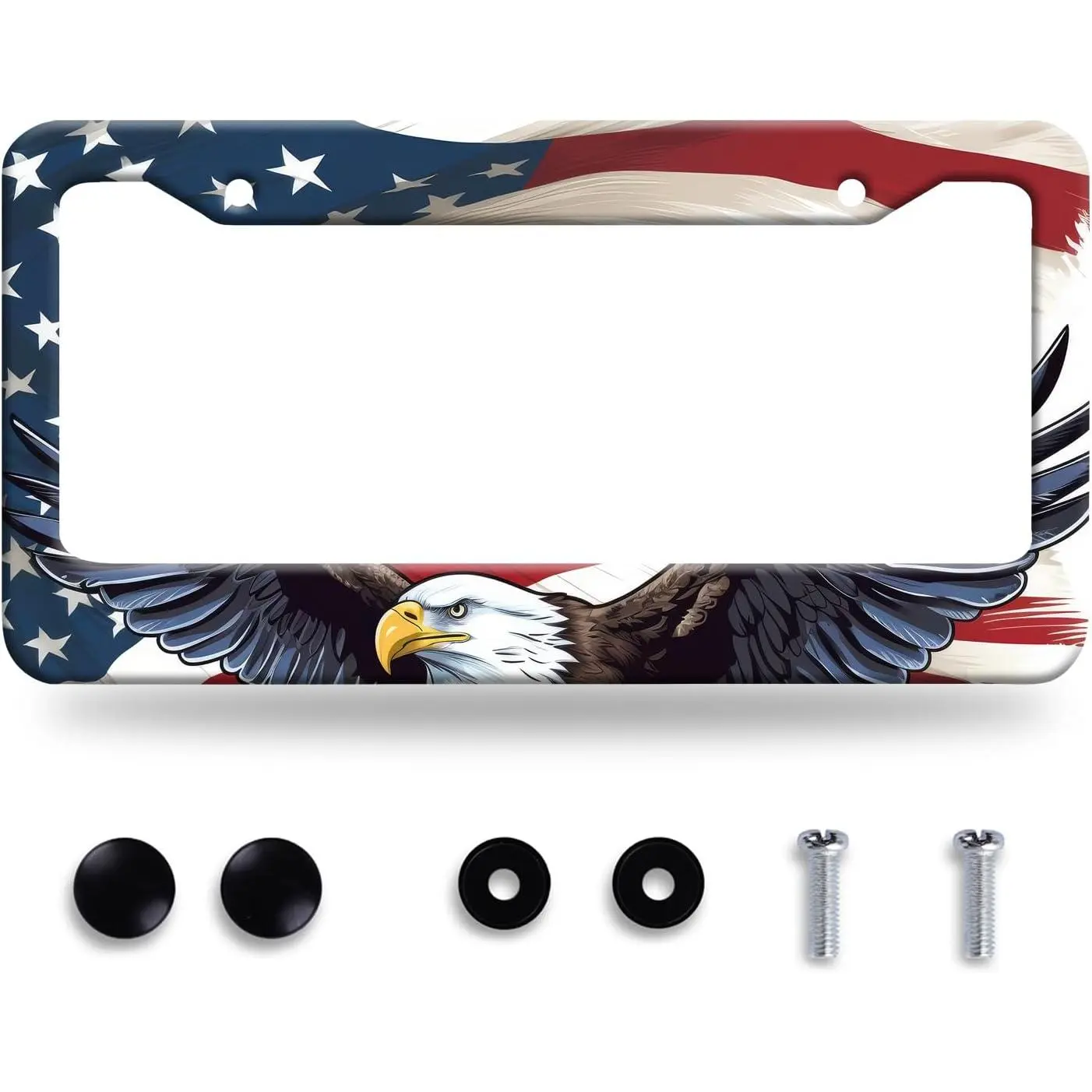 Patriotic American Flag Eagle Stainless Steel License Plate Frame - Aluminum Auto Car Tag Holder with Screws, 12.3x6.3 in USA Themed Auto Decoration Fit for Cars/Motorcycles