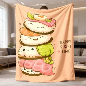 2026 New Arrival Flannel Blanket Cute Sushi Print Flannel Blanket Soft Light BeigeFriendly Japanese Food Theme Throw For All Seasons, Machine Washable Sofa & Bed Cover With Vibrant Sushi Roll Design, Cozy Bed Accessory, Playf