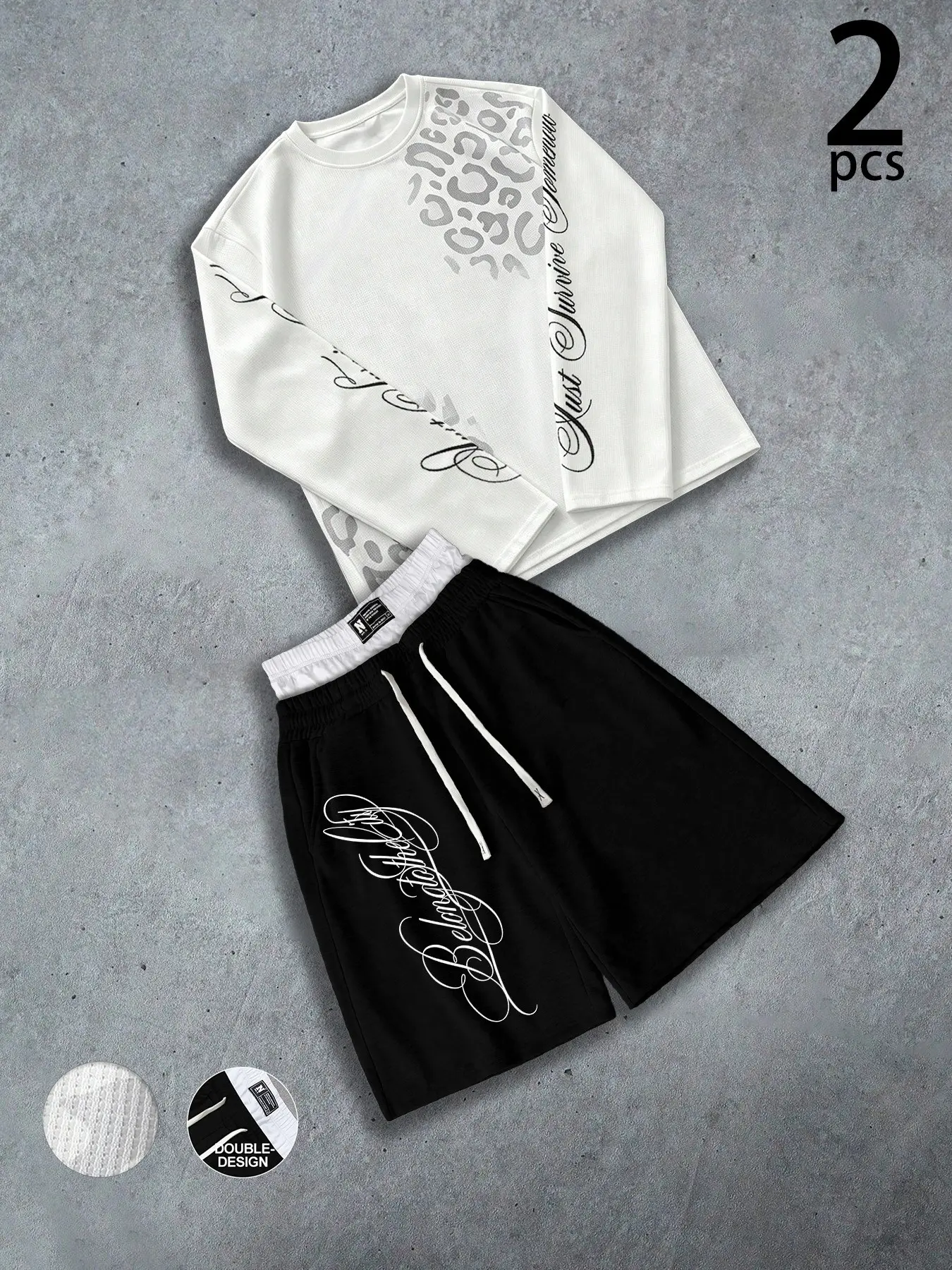 Men Waffle Knit 2 Piece Matching Outfit Leopard Cursive Script Print Long Sleeve T-Shirt Double Waist Drawstring Shorts Breathable Loose Oversized Streetwear Tracksuit Casual Gym City Walk Co Ord Set