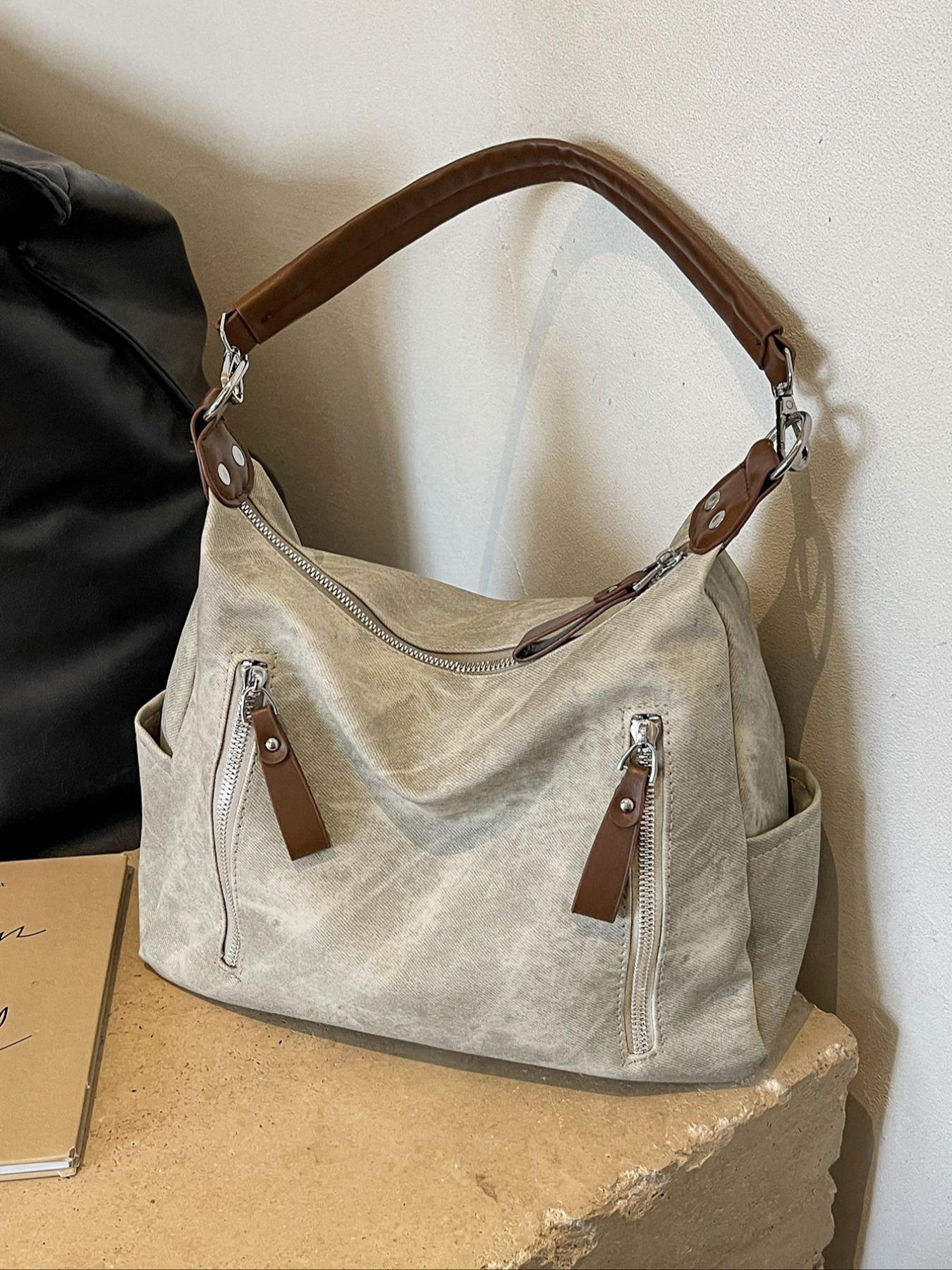 PU Hobo Shoulder Bag, Large-Capacity Solid Color Zipper Bag for College Students and Office Workers, Fall & Winter Fashion Studded Crossbody Bag for School, Work and Daily Commute, Crossbody Purse