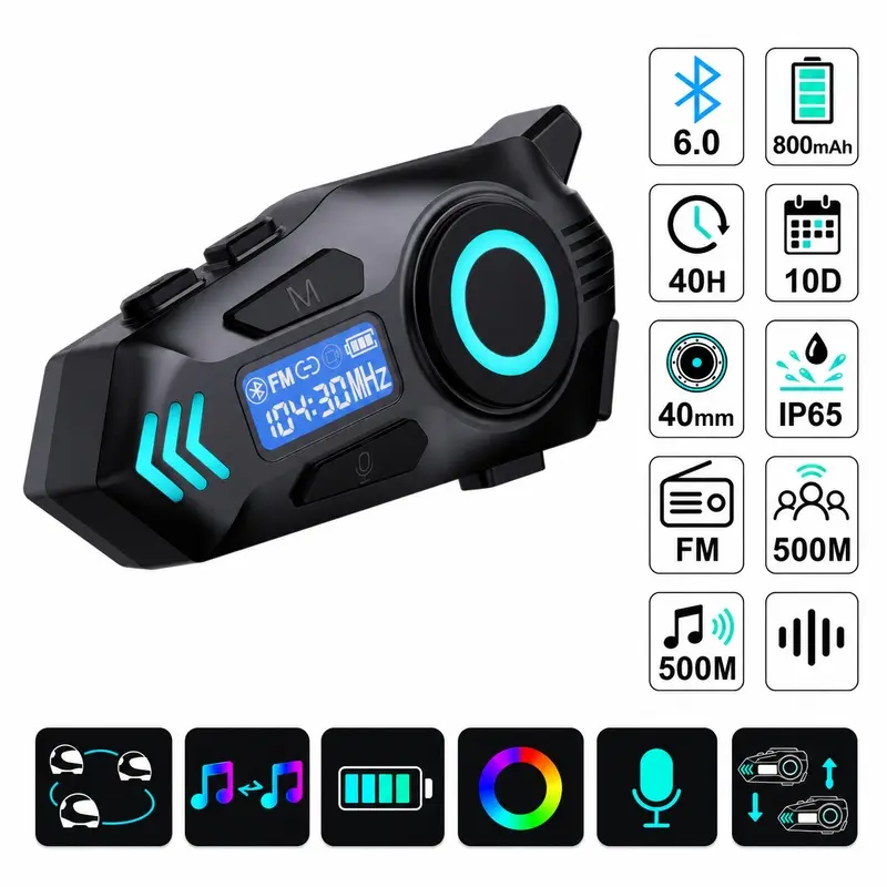 Motorcycle Helmet Bluetooth Headset, Multi-Rider Intercom with Bluetooth 5.0, FM Radio, 500m Range and IP65 Protection