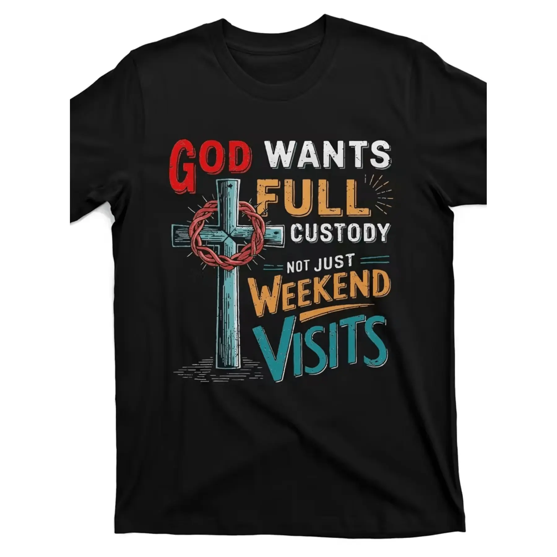 Men's Faith TShirt GOD WANTS FULL CUSTODY Verse Design with Cross Religious Symbols Black Casual Short Sleeve Round Neck Tee for Church Casual Attire Apparel (Hand Washable)
