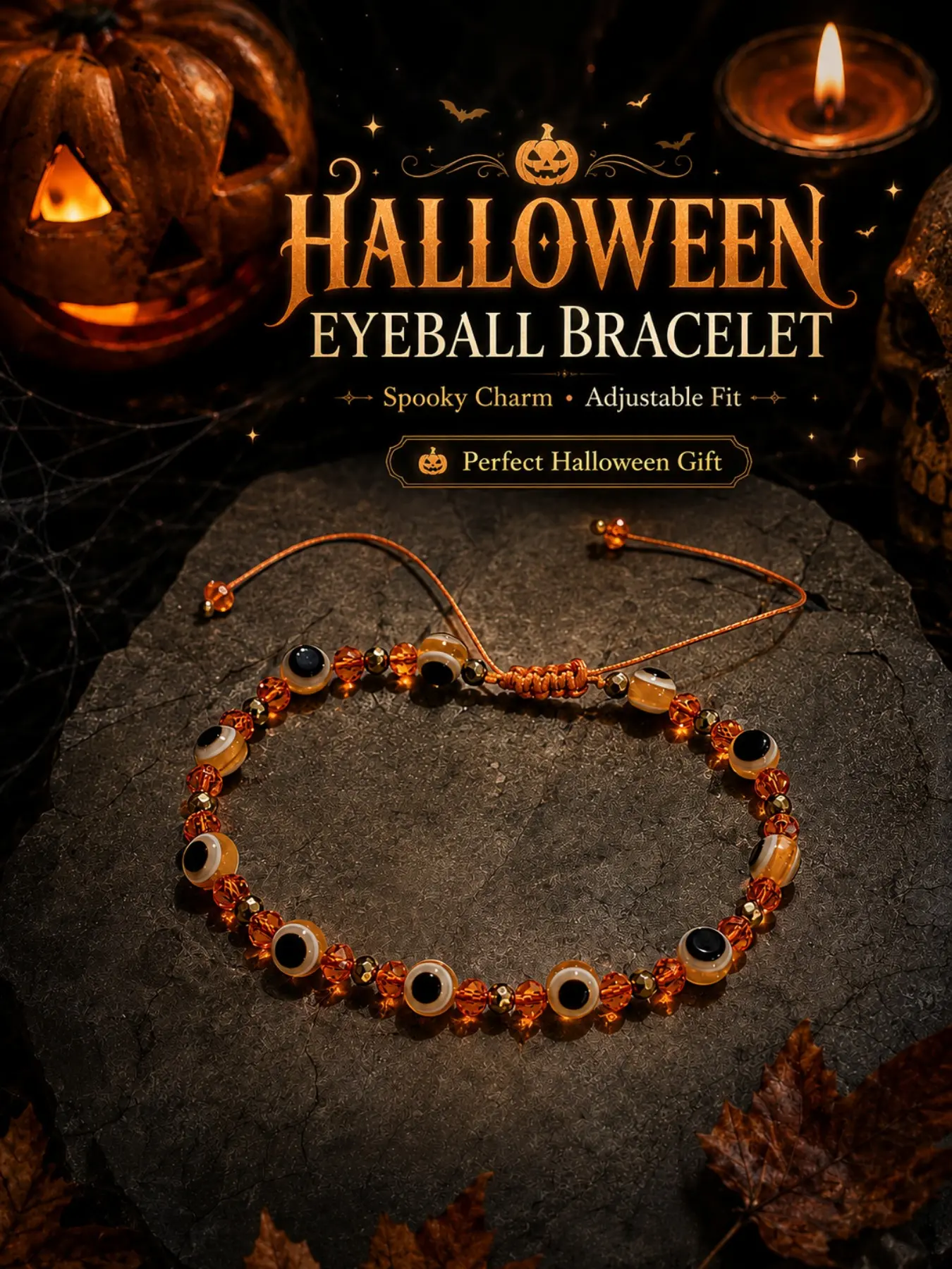 Halloween Eye Beaded Bracelet, Adjustable Crystal Horror Jewelry, Cute Halloween Gift for Women and Teens, All Seasons Wearable