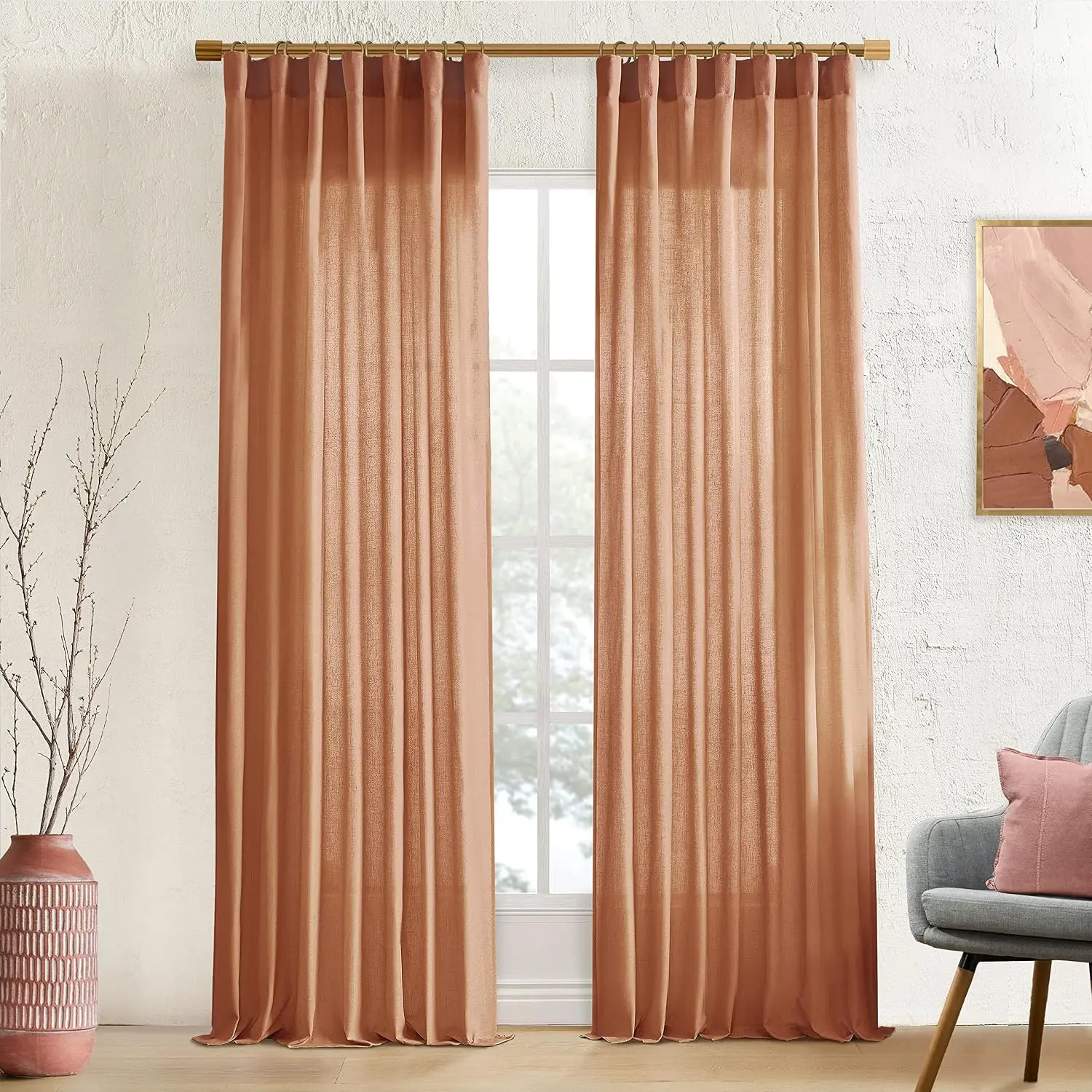 Boho Vintage Terracotta Sheer Curtains - 2 Panels Set, 84" Length, Rustic Farmhouse Style for Bedroom/Living Room Room Decor, Light Filtering