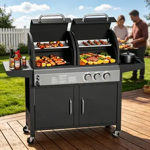 Dual Fuel Gas and Charcoal Grill Combo – 3-Disposable 24,000 BTU Main, 8,000 BTU Side Disposable, Stainless Steel Outdoor BBQ Grill with Storage Cabinet & Wheels for Backyard, Patio, Camping, Outdoor Kitchen