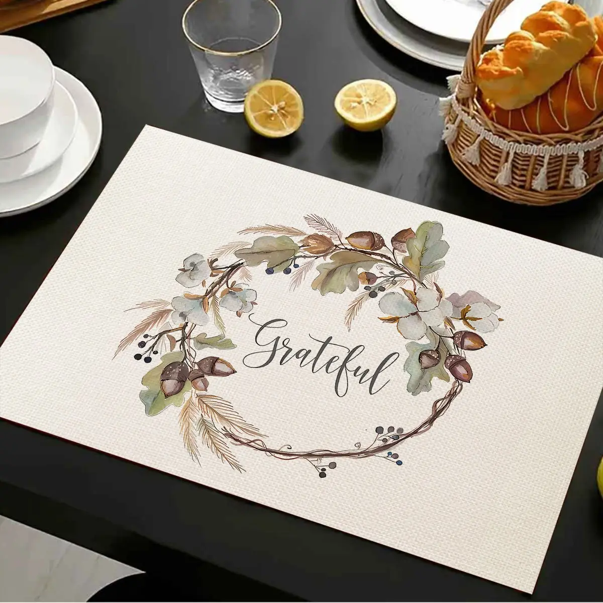Autumn Thanksgiving Harvest Pumpkin Maple Leaf Ring Placemats, Heat Resistant, Minimalist Style, Ideal for Festive Dinners and Daily Use