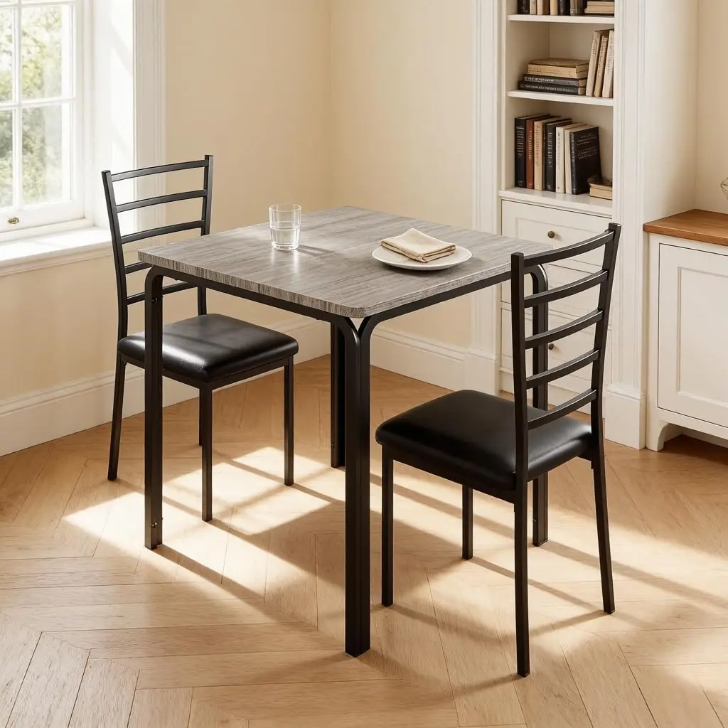 2-Piece Compact Indoor Dining Set - Square Table, Metal & Wood Chairs, Small Space & Apartment Friendly, Gray & Black Finishes