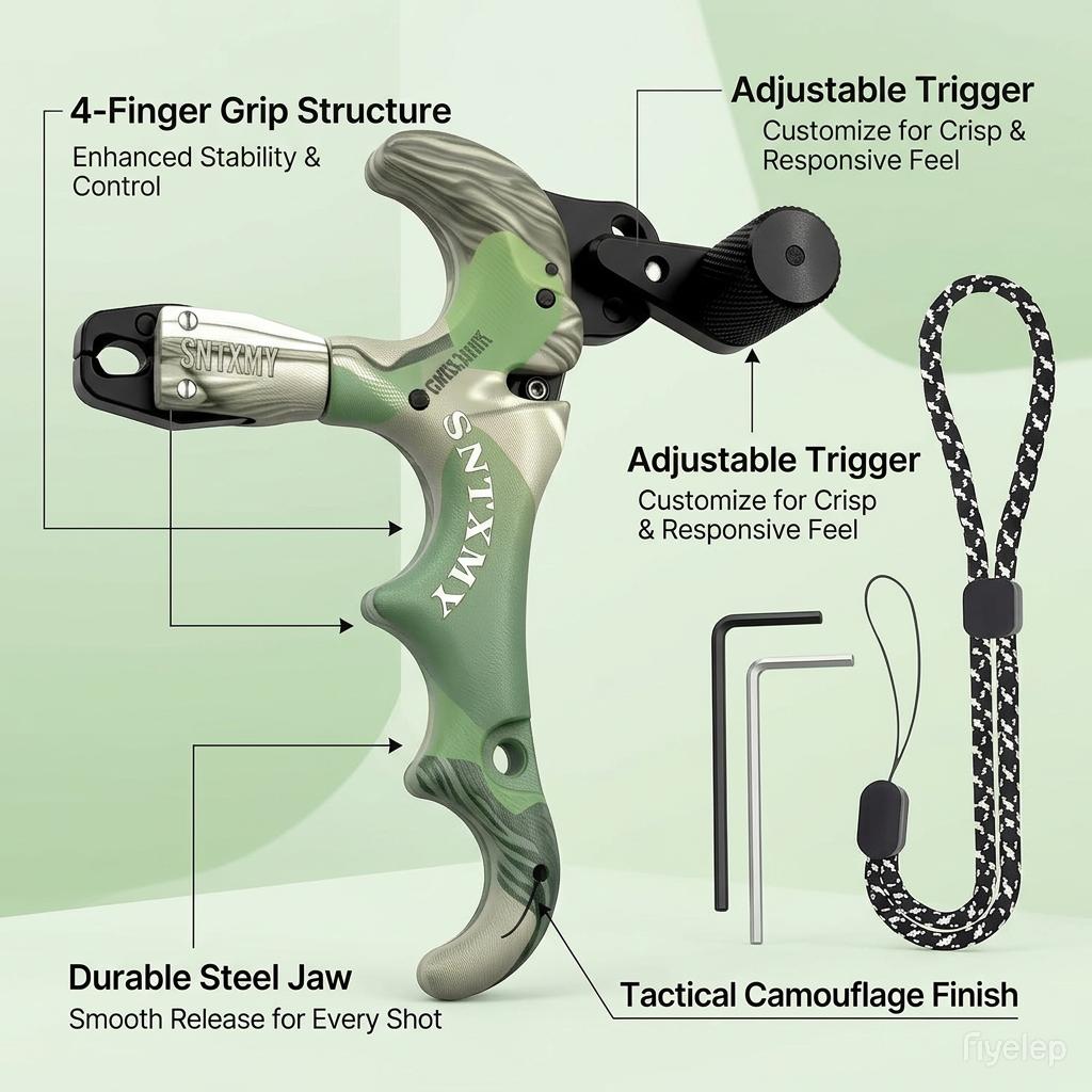 Camouflage 360 °   Swivel Compound Bow Release Aid 4 Finger Grip Auto-Close Caliper Jaw Aluminum Head Adjustable Trigger Sensitivity for Hunting Archery Outdoor Shooting Smooth Consistent Release Durable Lightweight Comfort Grip Must-Have Archery Accessor