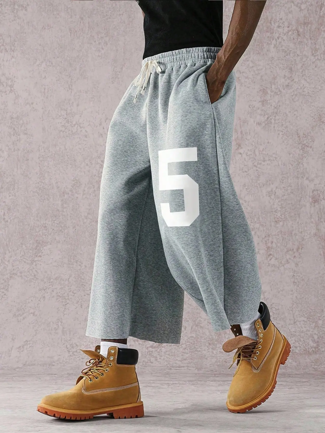 Y2K Retro Hip-Hop Men's Loose 7-Panel Wide Leg Sweatpants, Comfortable Sporty Long Pants with Bold Number 5 Print, Casual Streetwear