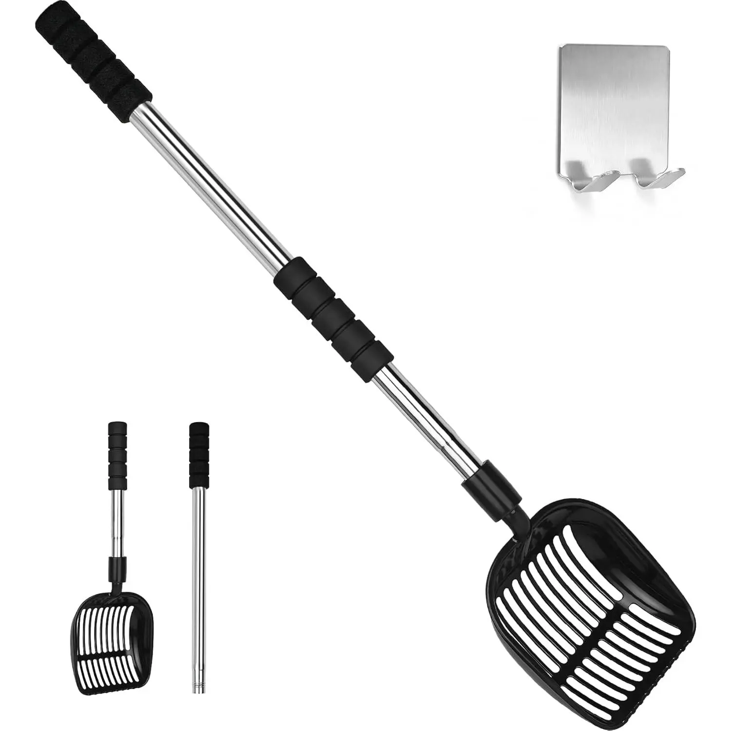 Cat Litter Scoop, Metal Litter Scooper with Detachable Long Handle, Cat Litter Sifter with Deep Shovel, Wide Slits for Easy Cleaning, Large Cat Poop Scooper Includes Hook