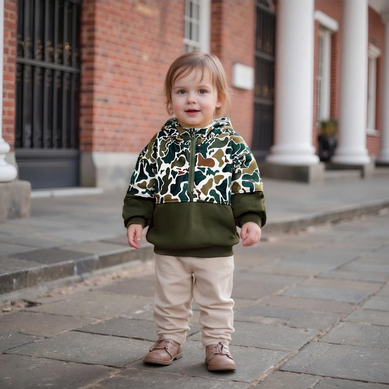 Infant Toddler Baby Girl Boy Camo Hoodie Outfit Half Zipper Long Sleeve Hooded Sweatshirt Casual Pullover Little Kids Hunting Clothes