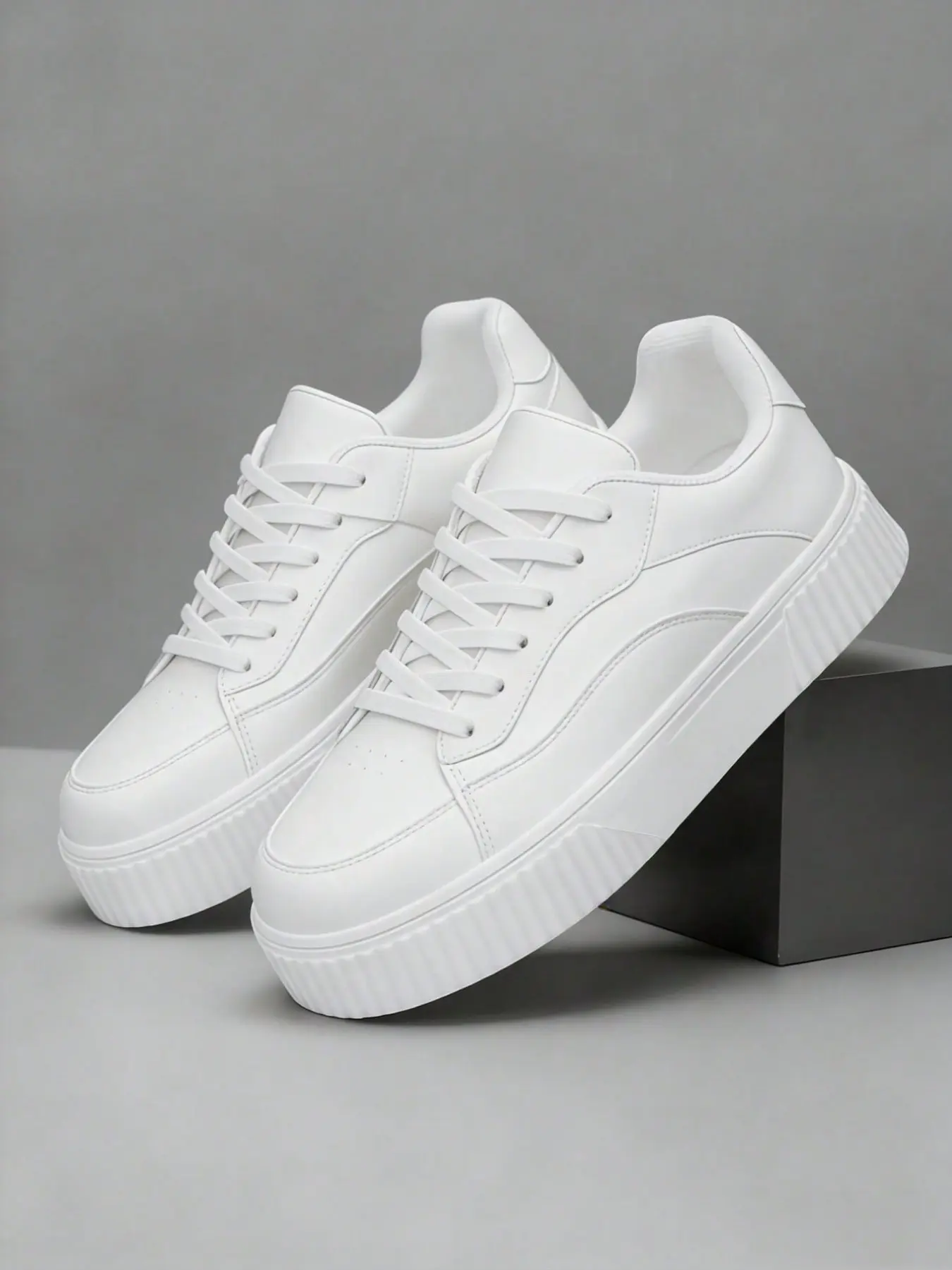 men All White Platform Sneakers, Lace Up Chunky Thick Sole White Skate Shoes, Elevator Height Increase Casual Walking Shoes, Minimalist All-Match Daily Streetwear Footwear