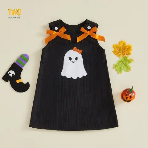Toddler Girls Halloween Dress Pumpkin Face Embroidery Tank Dress | Adorable Sleeveless Round Neck Dress,halloween Party Casual Dress,satin Bow Deco,loose A-line Cut,stretch Breathable