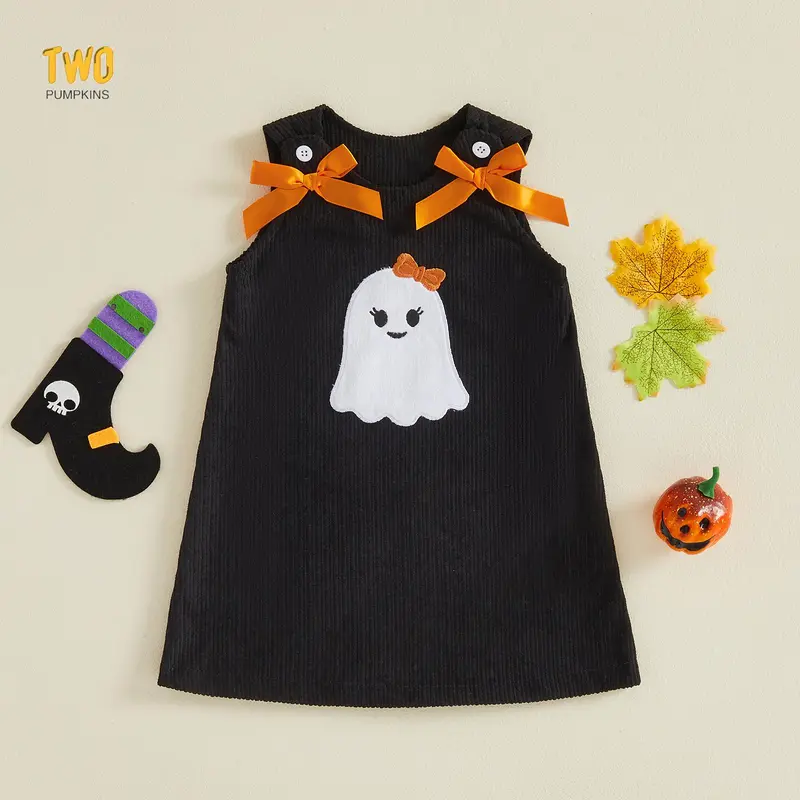 Toddler Girls Halloween Dress Pumpkin Face Embroidery Tank Dress | Adorable Sleeveless Round Neck Dress,halloween Party Casual Dress,satin Bow Deco,loose A-line Cut,stretch Breathable