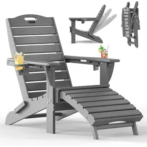 Folding Adirondack Chair with Retractable Ottoman, Weather Resistant Fire Pit Chair Patio Chair with 2 Cup Holder Lawn Outdoor Lounge Chair (Grey)