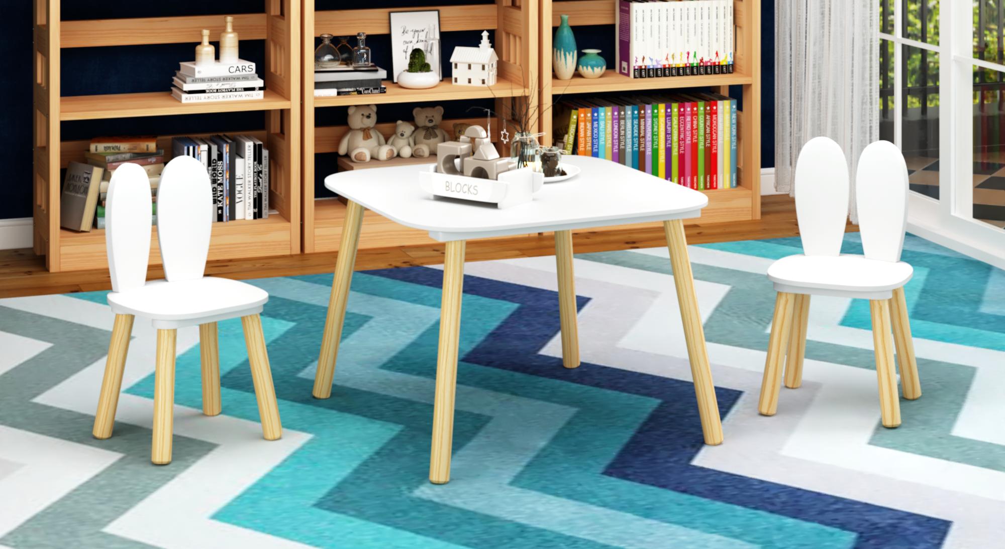 Kids Table and 2 Chairs Set, 3 Pieces Rabbit Themed Toddler Table and Chair Set, Children Wooden Activity Play Table Set Solid Wood Legs (White)