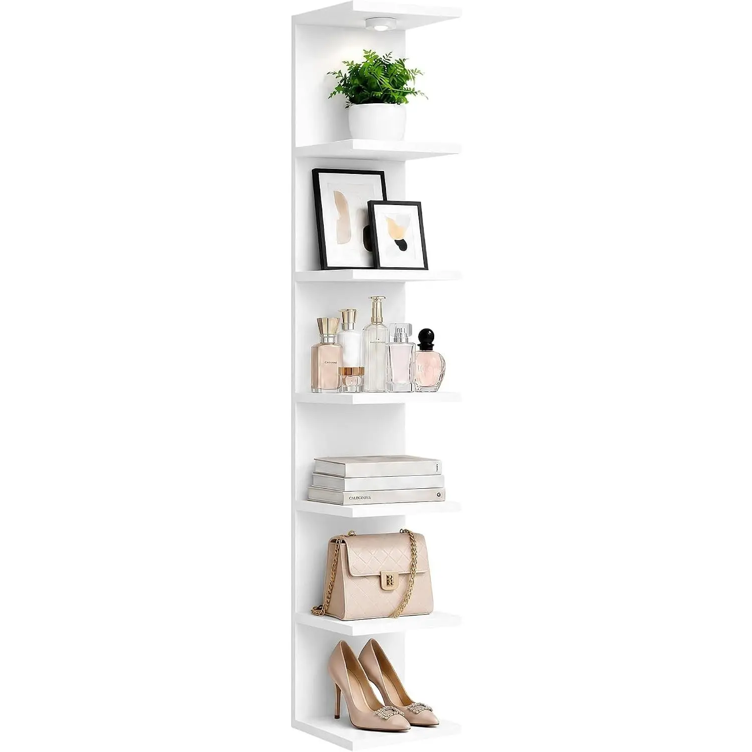 7-Tier LED Floating Wall Shelf, Heavy-Duty Tall Storage Shelf Unit with Remote Control, Large Freestanding Bookshelf for Bedroom Living Room Home Office, Easy Assembly,White