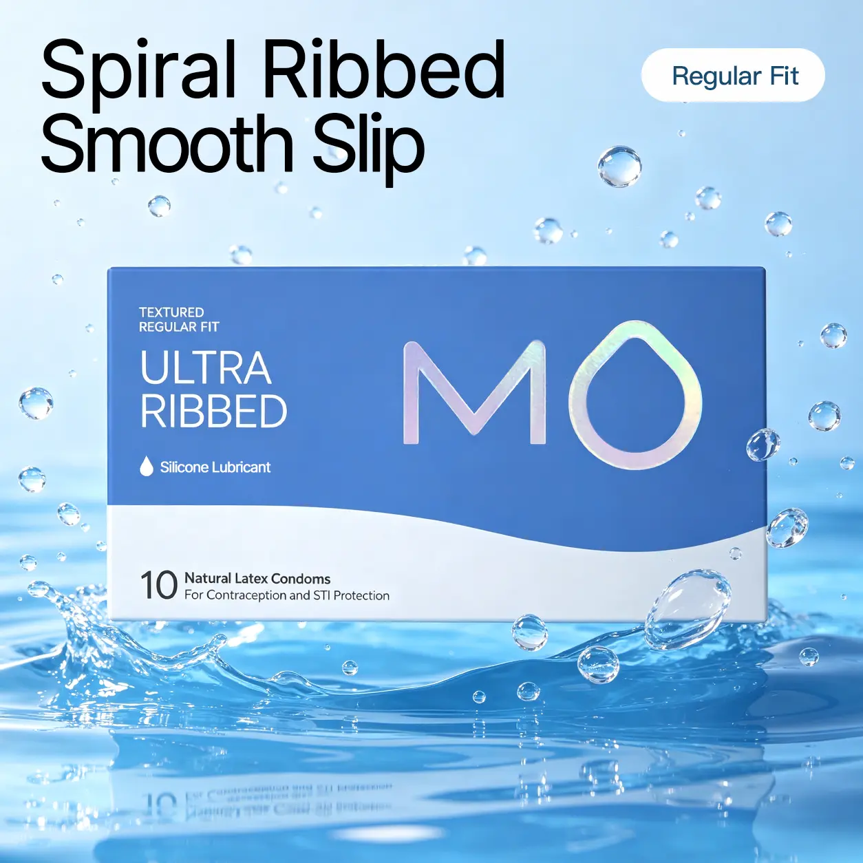 MO Ultra Ribbed Textured Women Condoms - 10-Count 100% Natural Latex, 0.075mm Silicone-Coated, pH-Balanced for Sensitive Skin, Skin-Like Stretch, Universal Fit, Ribbed Sensation, Enhanced Stimulation & Intimacy, Comfortable