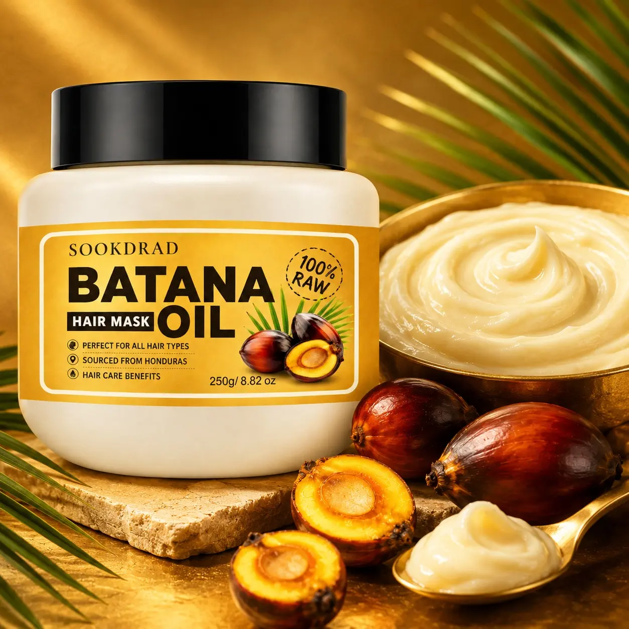Batana Oil Hair Mask, 100% Raw, hair care benefits, suitable for all hair types, sourced from Honduras, 250g/8.82 oz