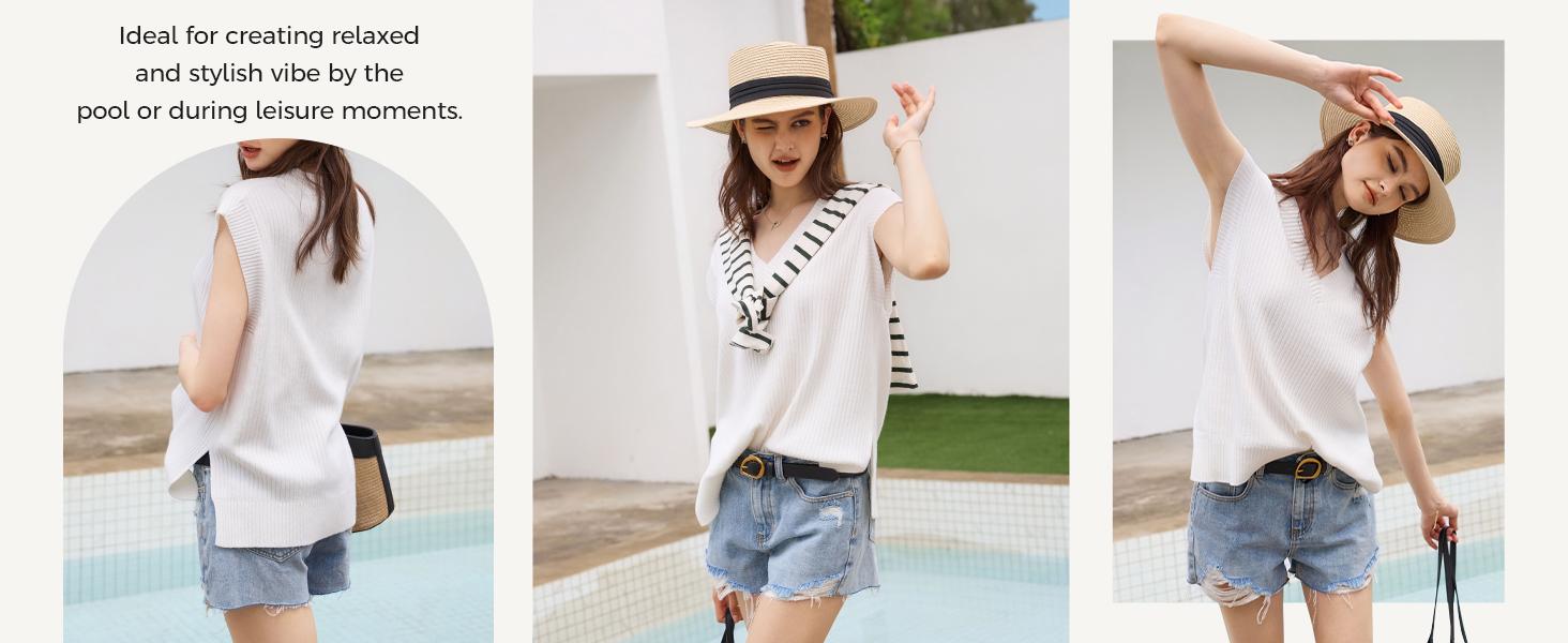 Goranbon Womens V Neck Sweater Vest Oversized Ribbed Knit Sleeveless Casual Loose Fit Pullover Tank Top