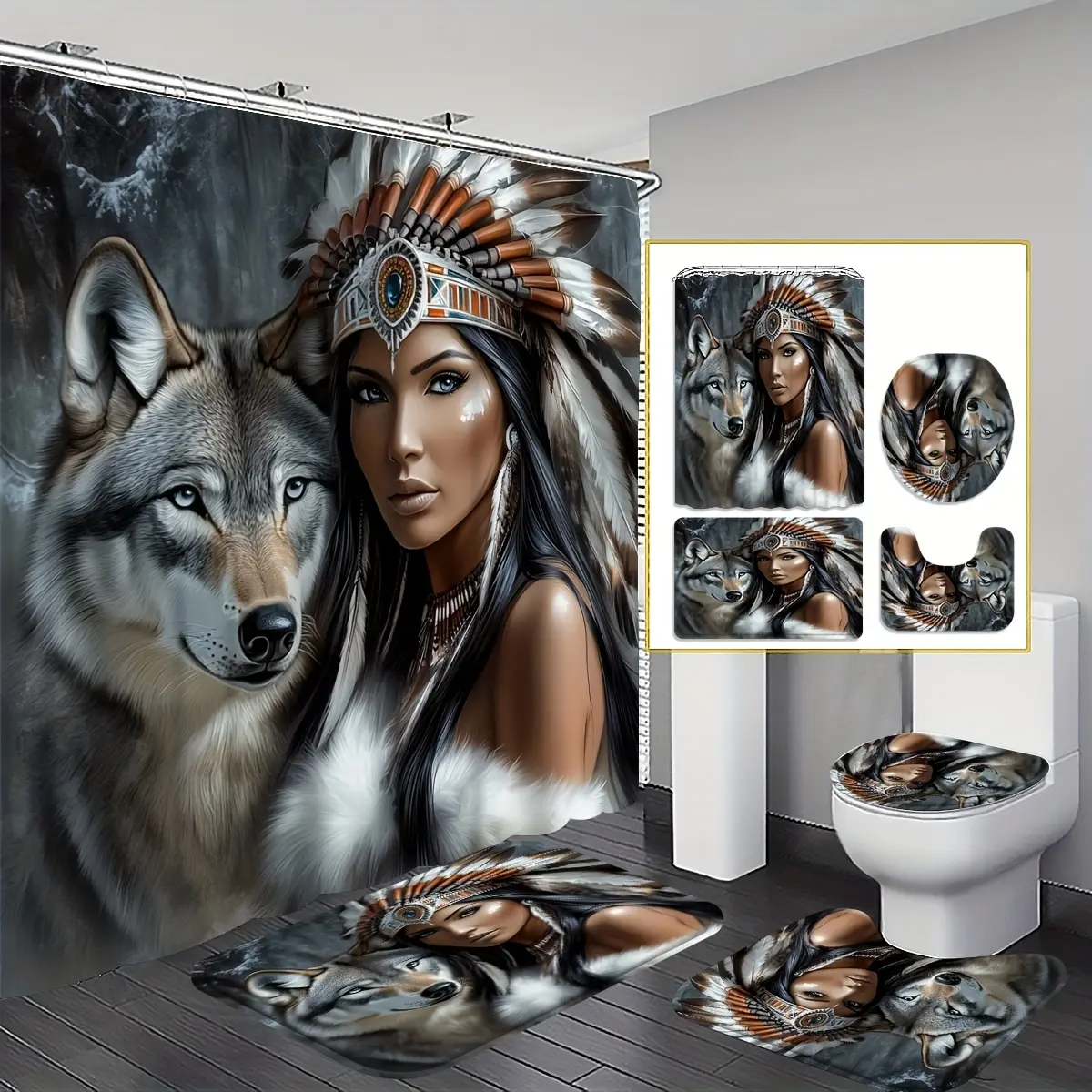 1/4pcs 2D Flat Tribal Spirit Shower Curtain Set, Native American Headdress and Wolf Bathroom Decor, Accessories with Bath Mat, U-shaped Mat, Toilet Lid Cover, Shower Curtain Includes Hooks, Wild Tribal Art, Home Decor, Bathroom Accessories.