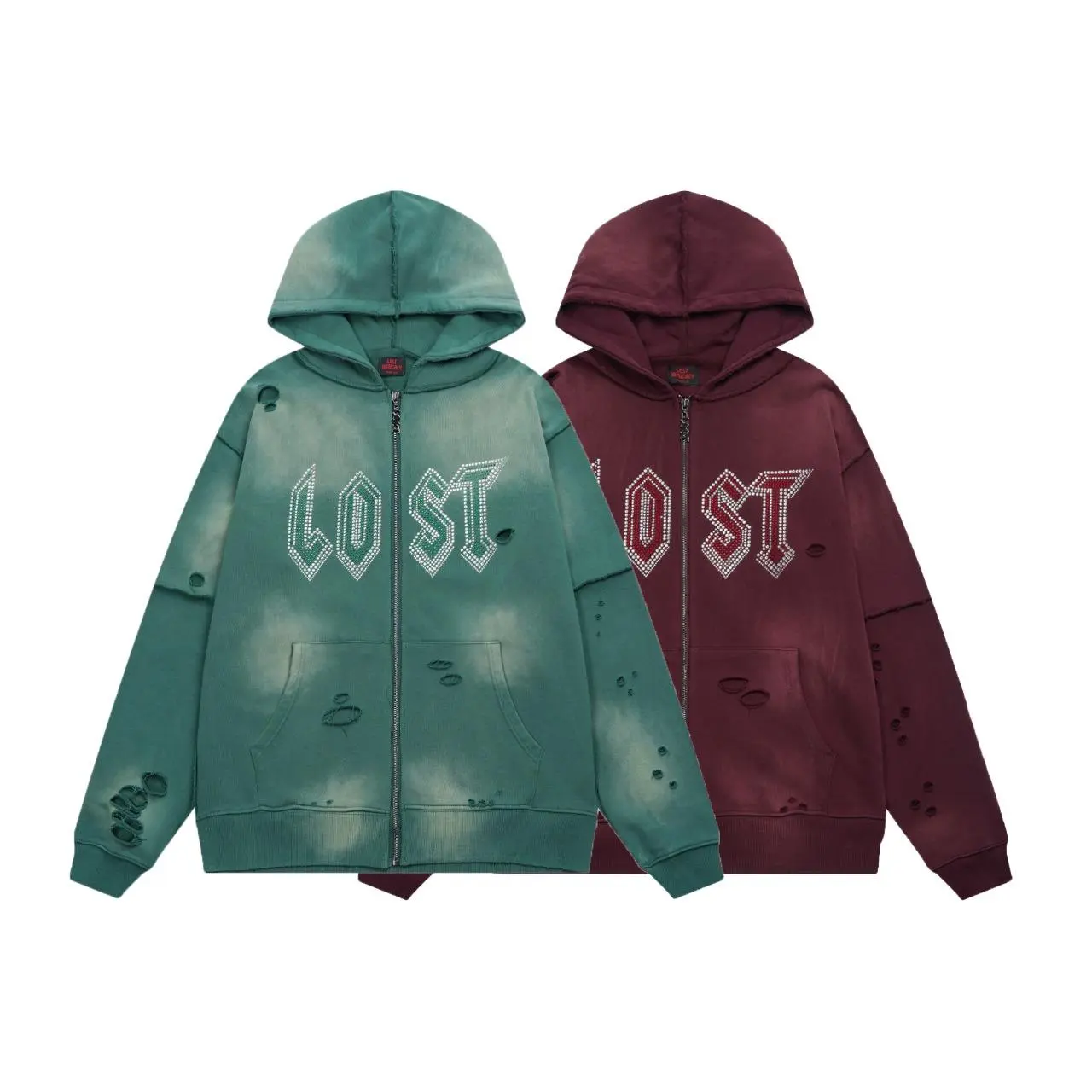 Los Angeles Luxury Streetwear Rhinestone Zip Up Hoodie Tracksuit, Vintage Washed Oversized Unisex Y2K Hip Hop Open Cardigan Sweatpants Set, 2026 Summer Coachella Casual Outfit Men's Velour