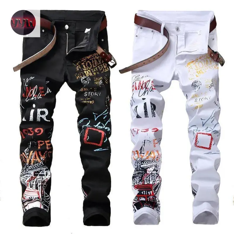 YYW1 2025 New European and Style Men's Jeans Stretch Casual Pants Printed Straight Pants Fashion One Piece Wholesale 5601