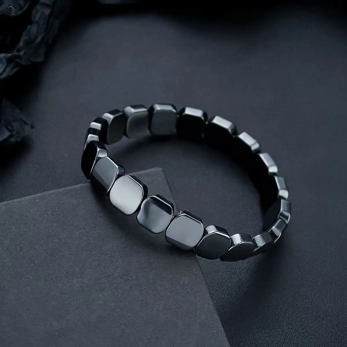 Natural Hematite Stretch Beaded Bracelet for Men Women, Smooth Square Bead Elastic Wrist Band 20cm Length, 3 Styles Apple Convex Square Small Square Design, Minimalist Black Healing Stone Stackable Daily Wrist Jewelry