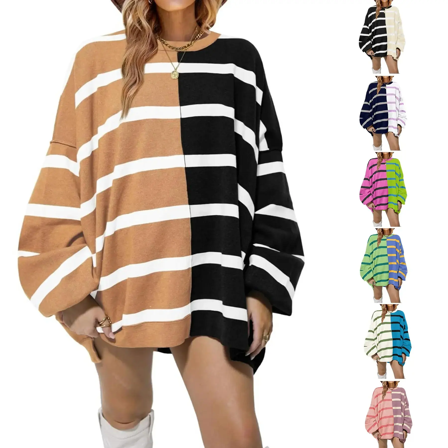 Sweater Womens Striped Pullover Sweater Crew Neck Long Sleeve Knitted Color Block Casual Loose Lightweight Sweaters for Women
