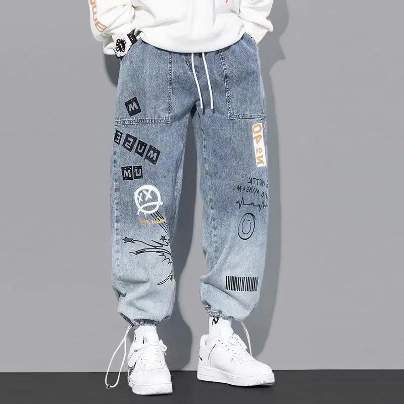 Kyn Apparel Korean Clothing  Men Letter Printed Jeans High Waisted Baggy Jeans Cartoon Graffiti Hip-Hop Pants Blue Jeans
