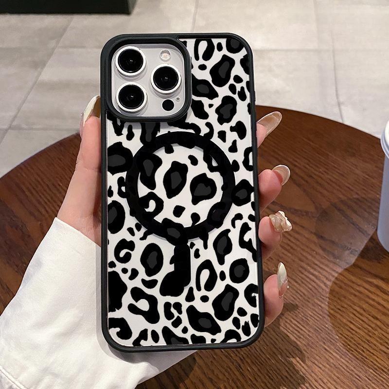 MagSafe Case Compatible with iPhone 17 16 E Pro Max 15 Plus 14 13 12 11 Air Black - White Leopard Lure Clear Acrylic Back Drop Protection Pocket-Friendly Cellphone Cover Gift for Girl