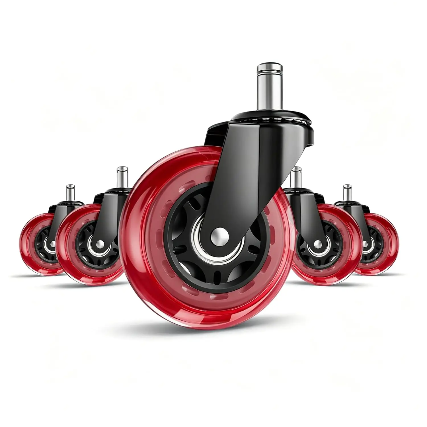 3 Inch Office Chair Wheels Set of 5, Heavy-Duty Polyurethane Casters for All Floors & Carpet, Quiet Roll, 11mm Stem, Non-Marking PU Wheels (Red 5 Pack)
