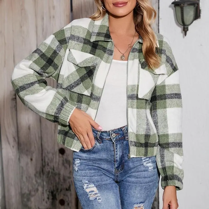 Womens Cropped Flannel Plaid Shacket Zip Up Shirts Jackets with Pockets