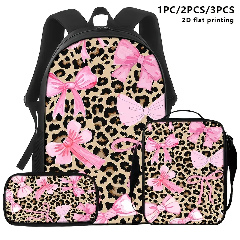 1pc/2pcs/3pcs Leopard with Pink Bows Backpack, Shoulder Lunch Bag, And Pouch; Cute And Stylish, Practical for Daily Commute, Travel, Or Office Use