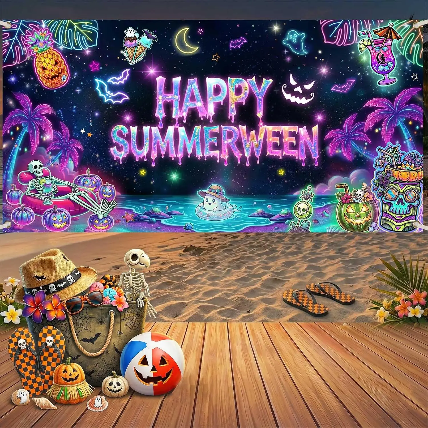 Summerween Banner Halloween Backdrop - 70.8x35.4in Pink Pumpkin Tropical Palm Tree Sunset Photo Decor, Home Wall Supplies for Beach Summer Halloween Party Festive Decorations