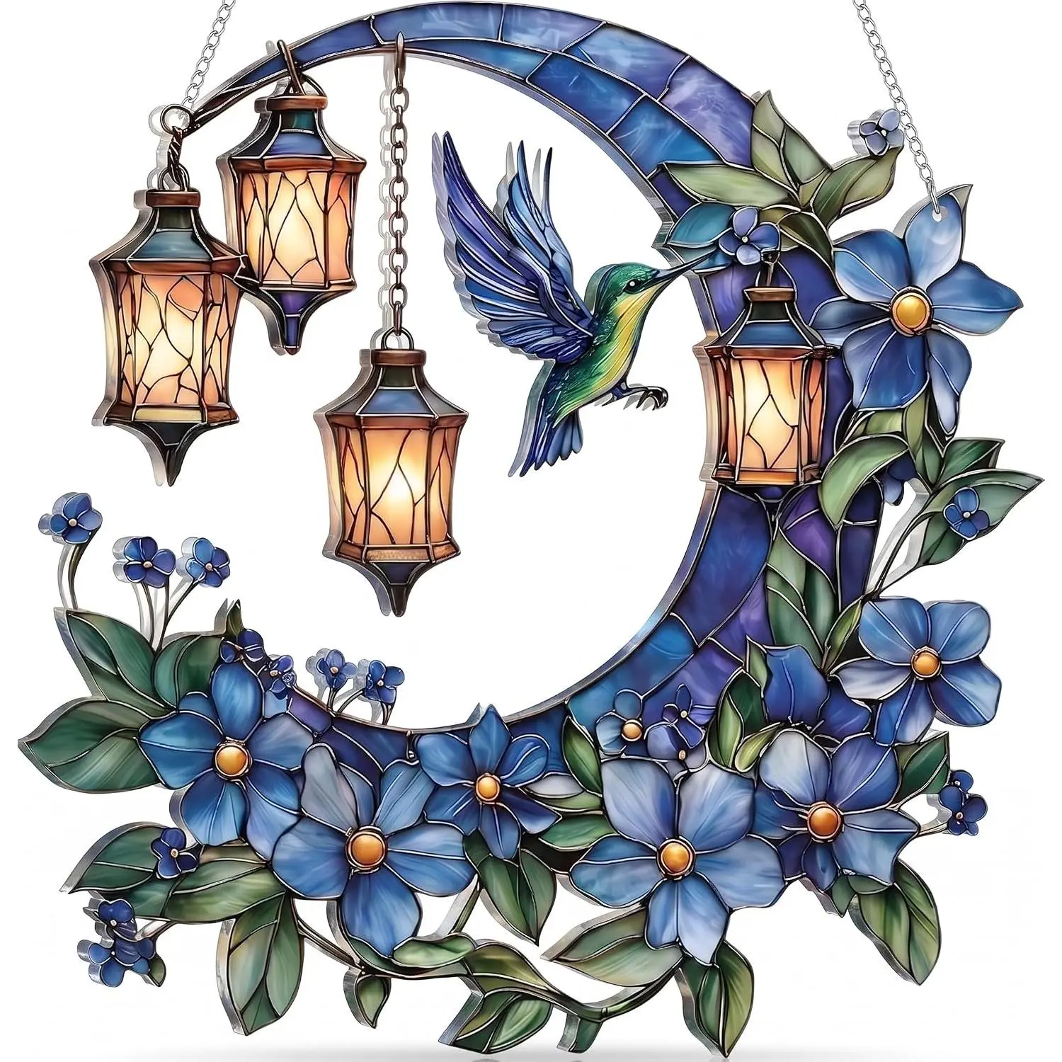 Hummingbird Moon Ornament  Suncatcher, Stained Glass Style Window  with Lantern and Blue , 4.5 Inch Decorative  Decor,  for Women, Christmas Ornament(Sun-37)