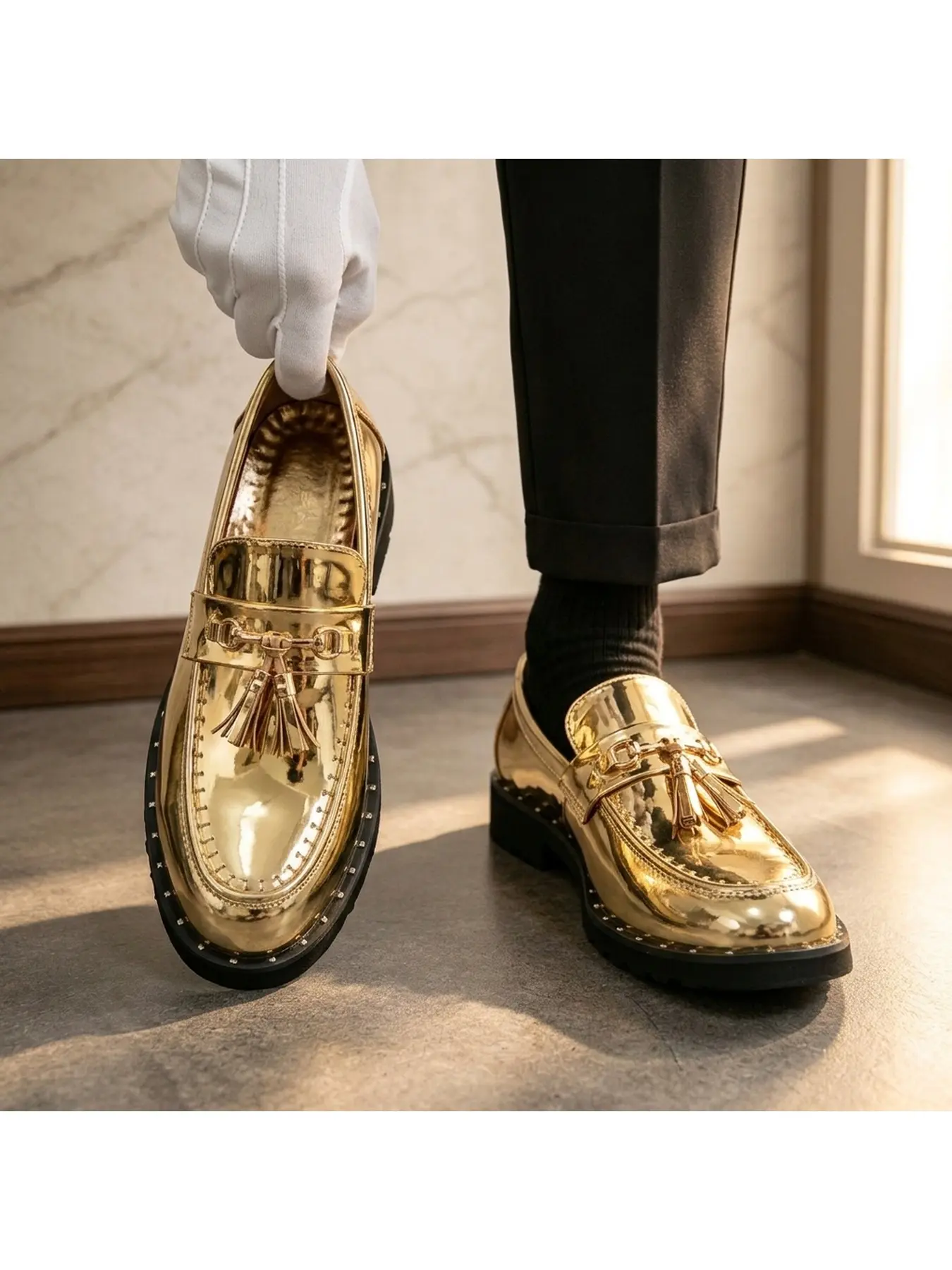 Men's shiny patent leather tassel horsebit loafers, slip-on formal leather shoes with thick studded soles, mirror-shine finish, suitable for weddings, graduation balls, parties, and stage performances, available in white, black, red, and gold colors